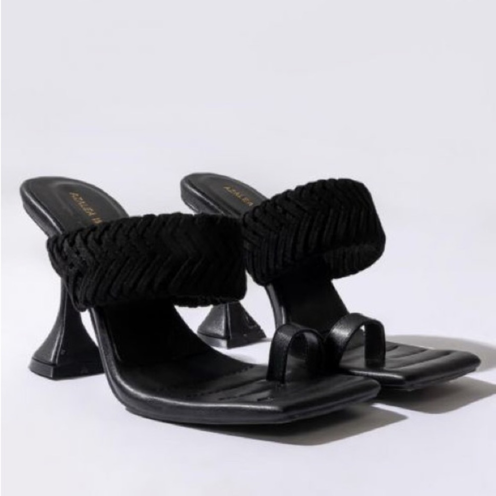 Azalea Wang Black Vegan Leather Woven Strap High Heel Sandals